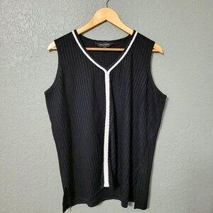Ming Wang Womens Sleeveless V-Neck Top Size 1X Black White Minimalist Office
